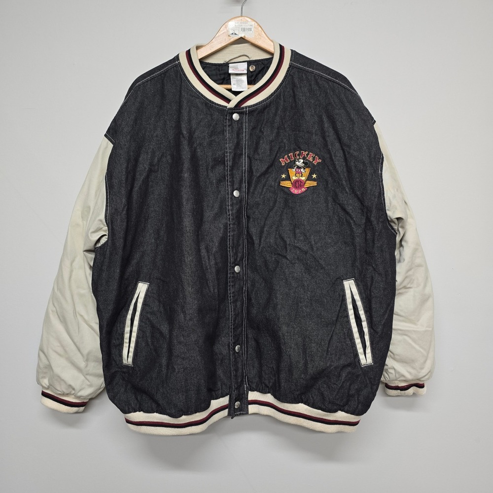 Disney Mickey Mouse Varsity Jacket Mens XXL Blue Cotton Denim Embroidered Retro